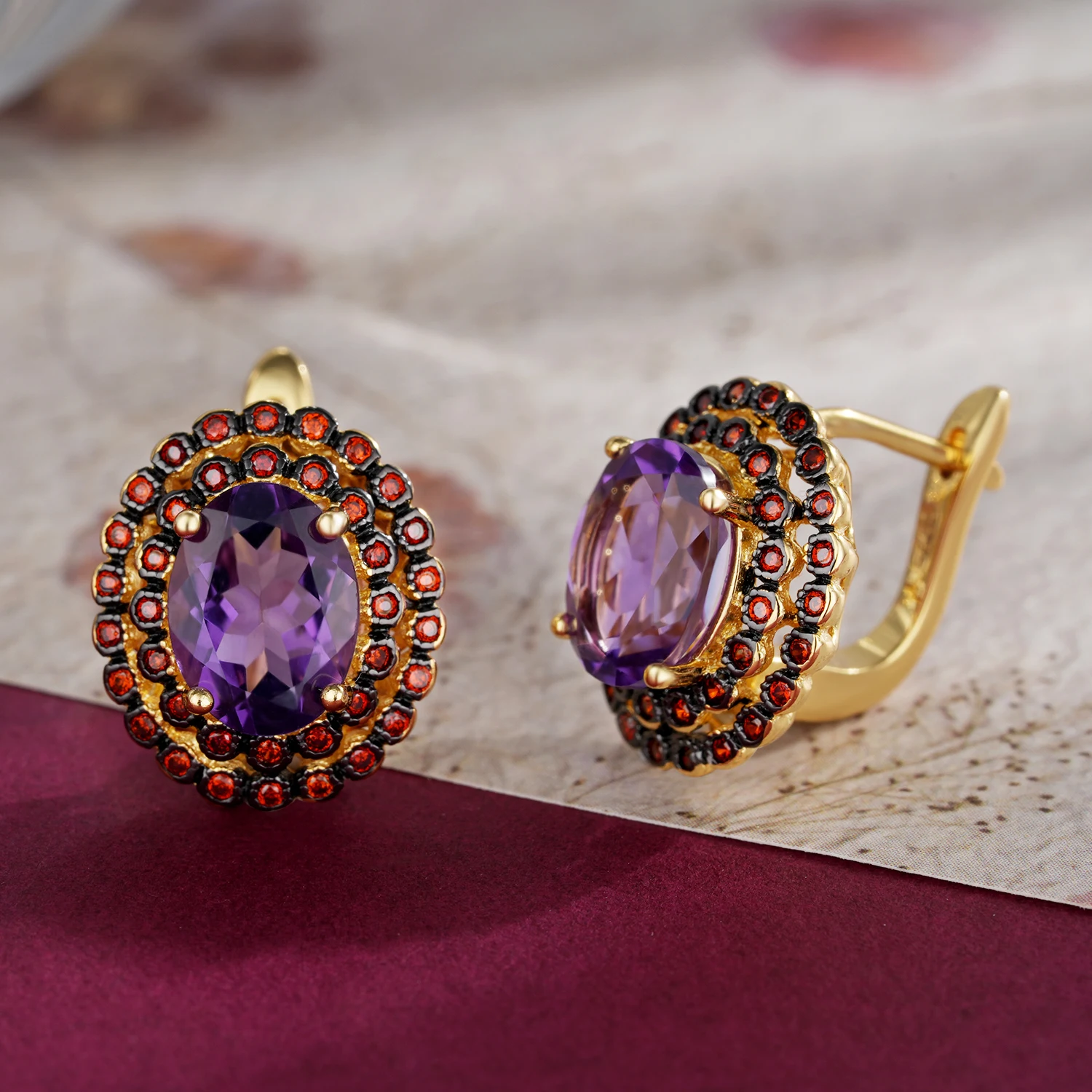 

YBO Fashion Natural Amethyst Gemstone Clip-on 4A CZ Earrings 925 Sterling Silver 18k Yellow Gold Plated Vintage Anniversary Gift