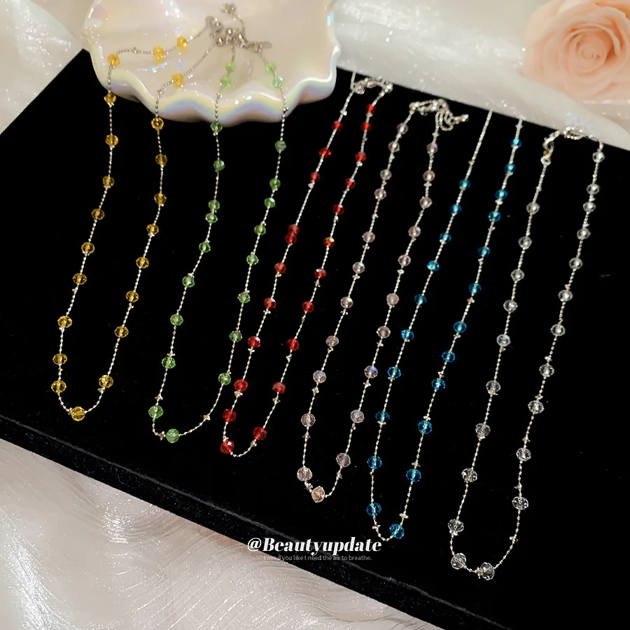 Minimalist Thin Gold Chain Color Beaded Necklace Tiny Translucent Blue Yellow Red Bead Strand Choker Dainty Gift For Her