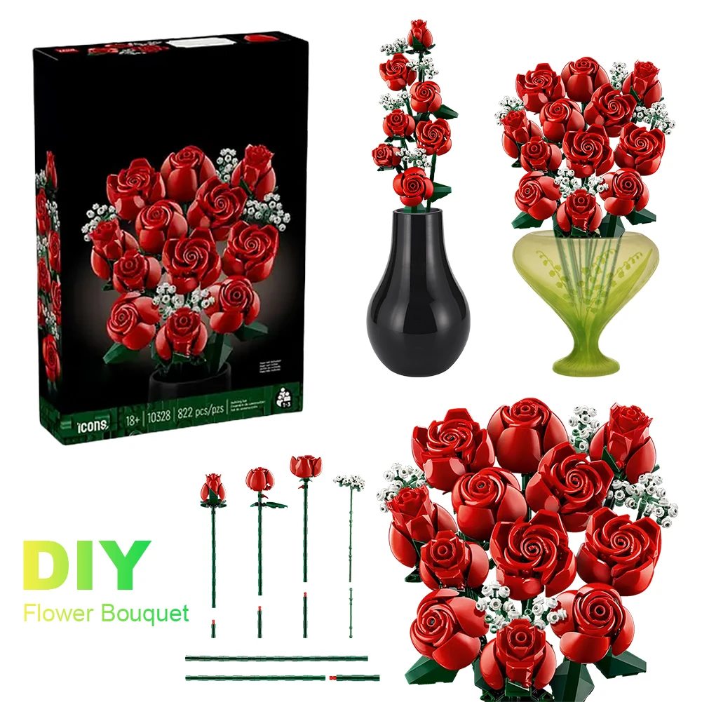 Bouquet Bouquet of Roses Compatible 10280 Construction Artificial Flowers Building Blocks Toys Bricks Birthday Gift Home Decor