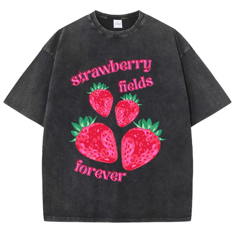 

Strawberry Fields Forever Printing Washed T Shirts Women Cotton T-Shirt Distressed O-Neck Comfortable Tops Summer Womans Clothes