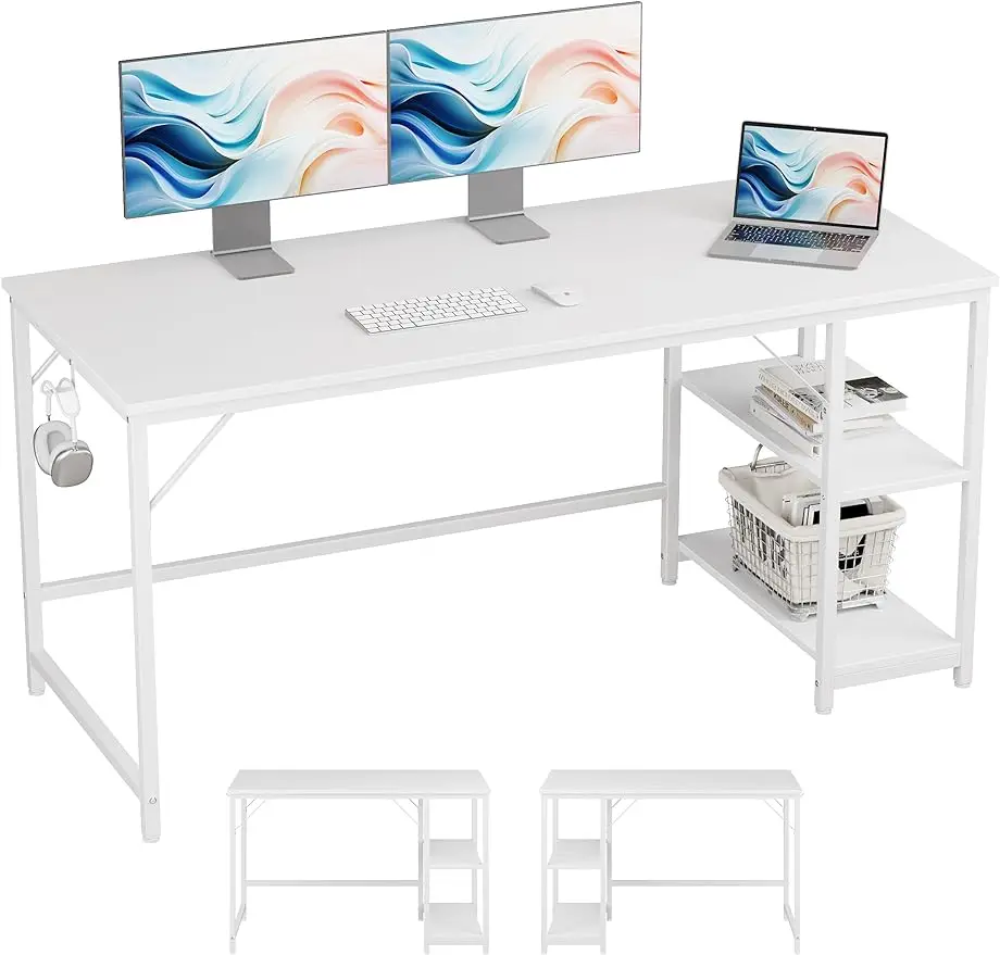 JOISCOPE Home Office Computer Desk with Wooden Storage Shelf,Office White Desk and Gaming Table with Splice Board,2-Tier Industr