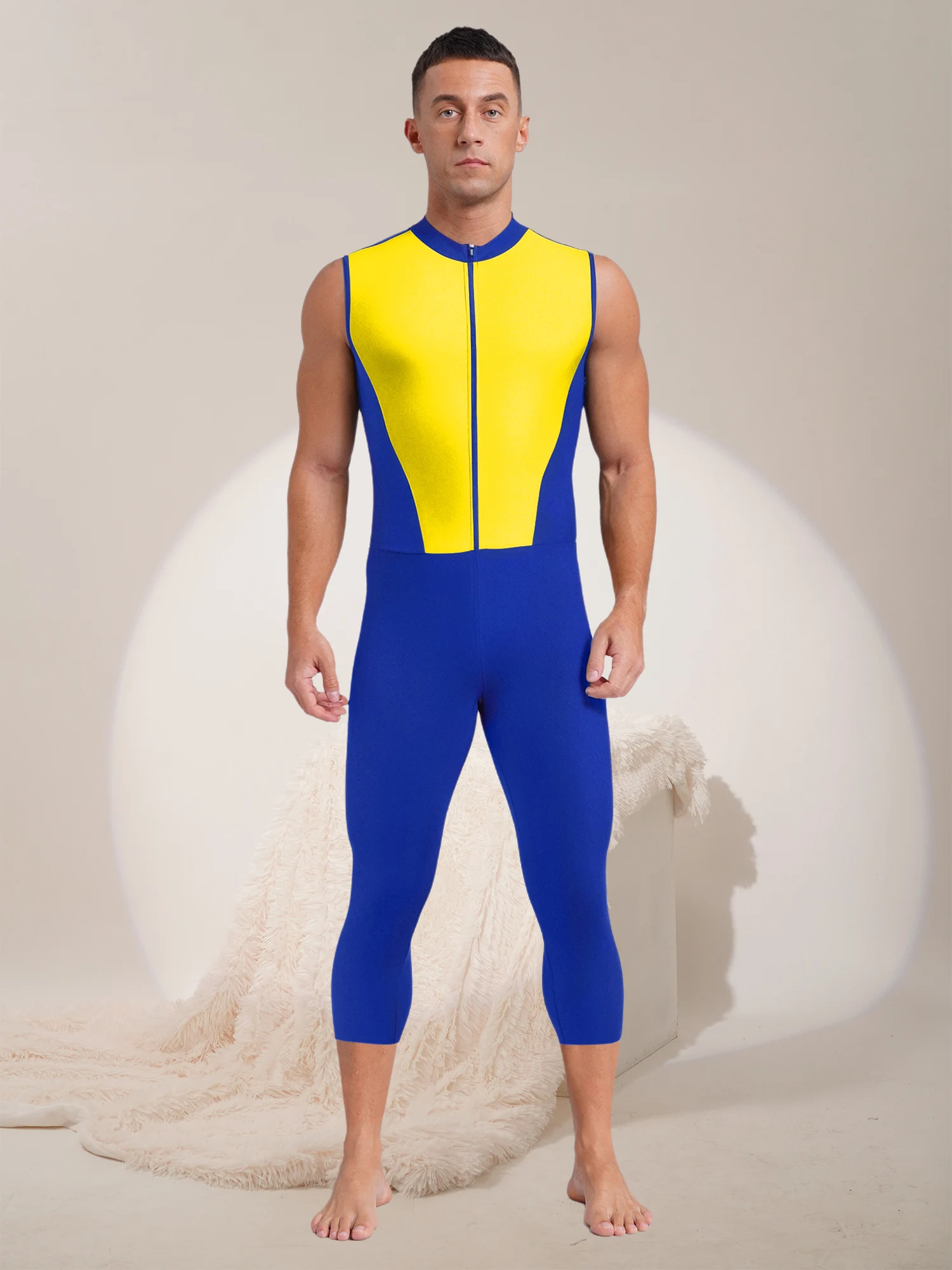 

Mens Color Block Athletic Jumpsuit Sleeveless Front Zipper Stretchy Calf Length Bodysuit Gym Workout Fitness Sportswear Swimwear