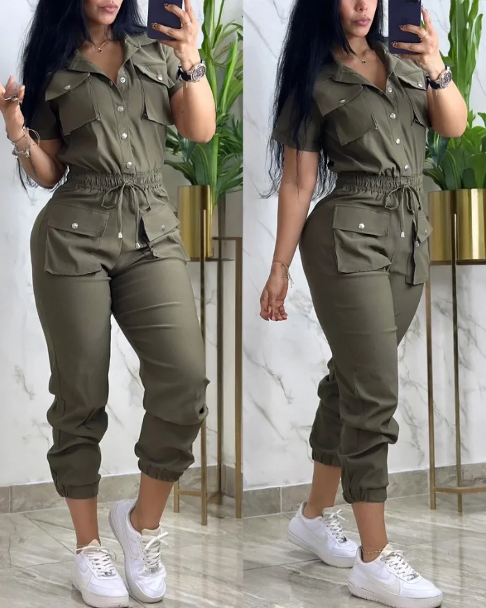 여성 Romper 패션 바디 슈트 2025 봄 여름 턴 다운 칼라 짧은 소매 Drawstring 허리 슬림 피트 카고 점프 슈트