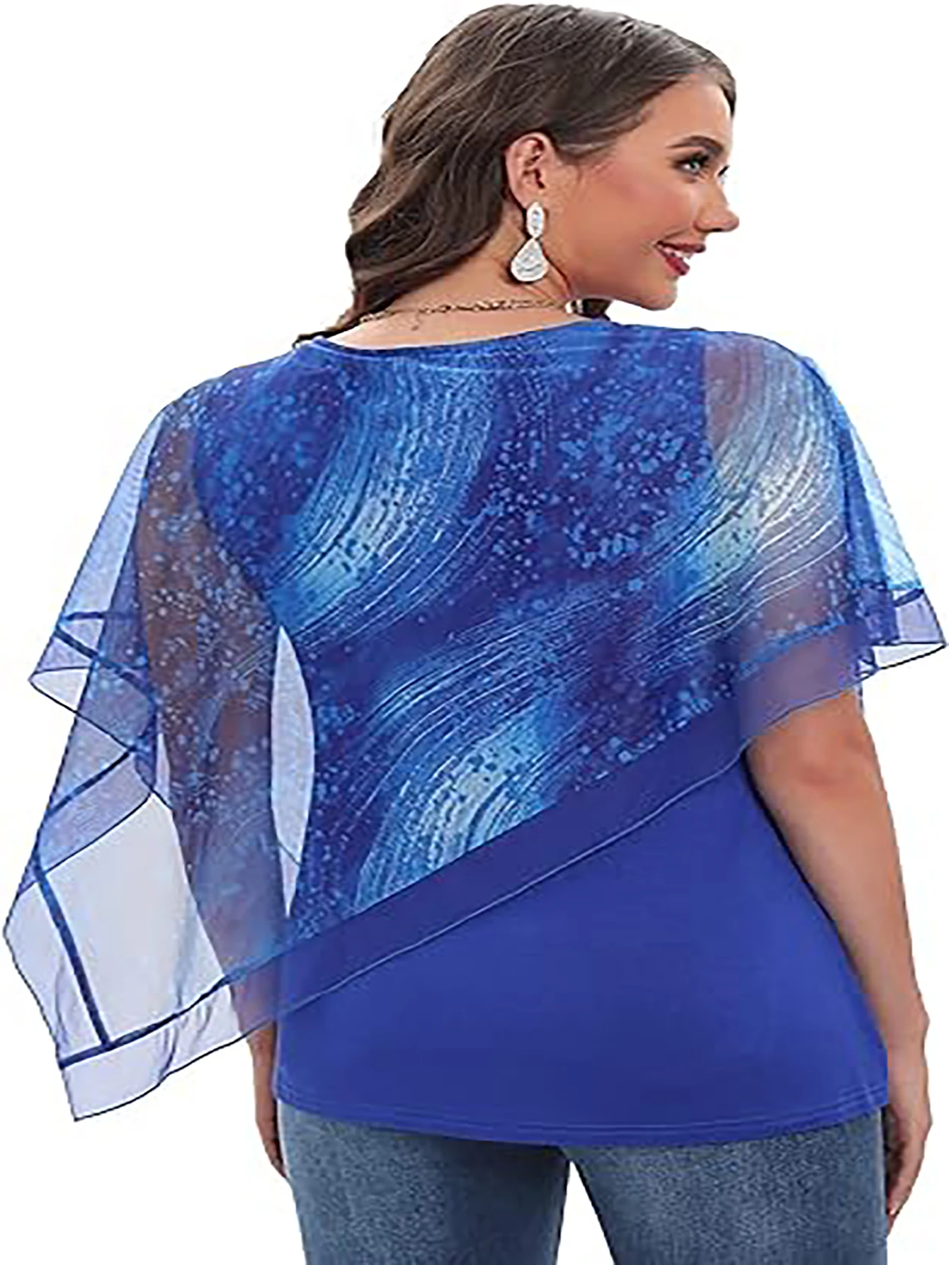 Aamikast Casual Plus Size Women's Tops Printed Collar Sleeve Top Round Neck Half-Sleeved Lace Shirt Blue Print