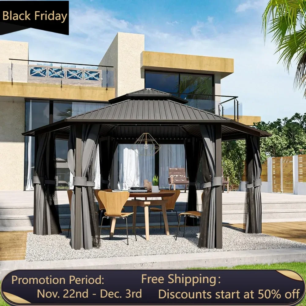 15' x 15' Hardtop Gazebo, Outdoor Hexagonal Gazebo with Galvanized Steel Roof, Aluminum Gazebo with Curtains and Netting, Metal