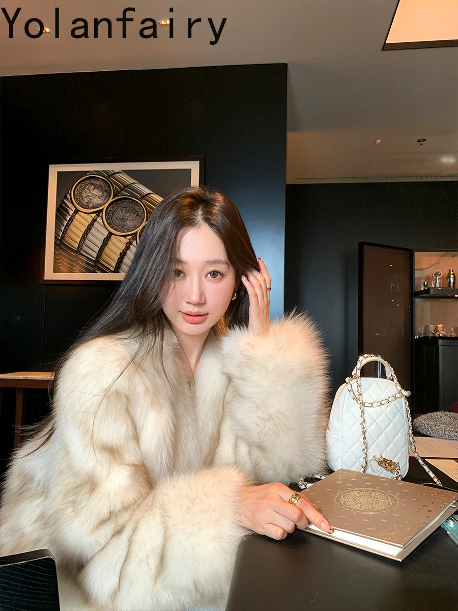 YOLANFAIRY 100% معطف فرو الثعلب الأصلي ملابس نسائية 2025 شتاء قصير أنيق معاطف الفرو الحقيقي للمرأة سترة من الفرو ملابس خارجية