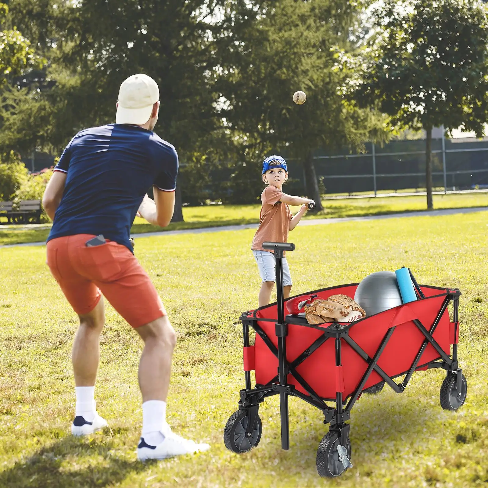 Foldable Red Outdoor Wagon - Collapsible Design for Easy Transport and Storage