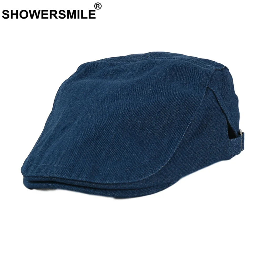 

SHOWERSMILE Visors Denim Flat Cap British Berets Cap for Women Men Adjustable Ivy Newsboy Brand Vintage Solid Blue Painter Hat