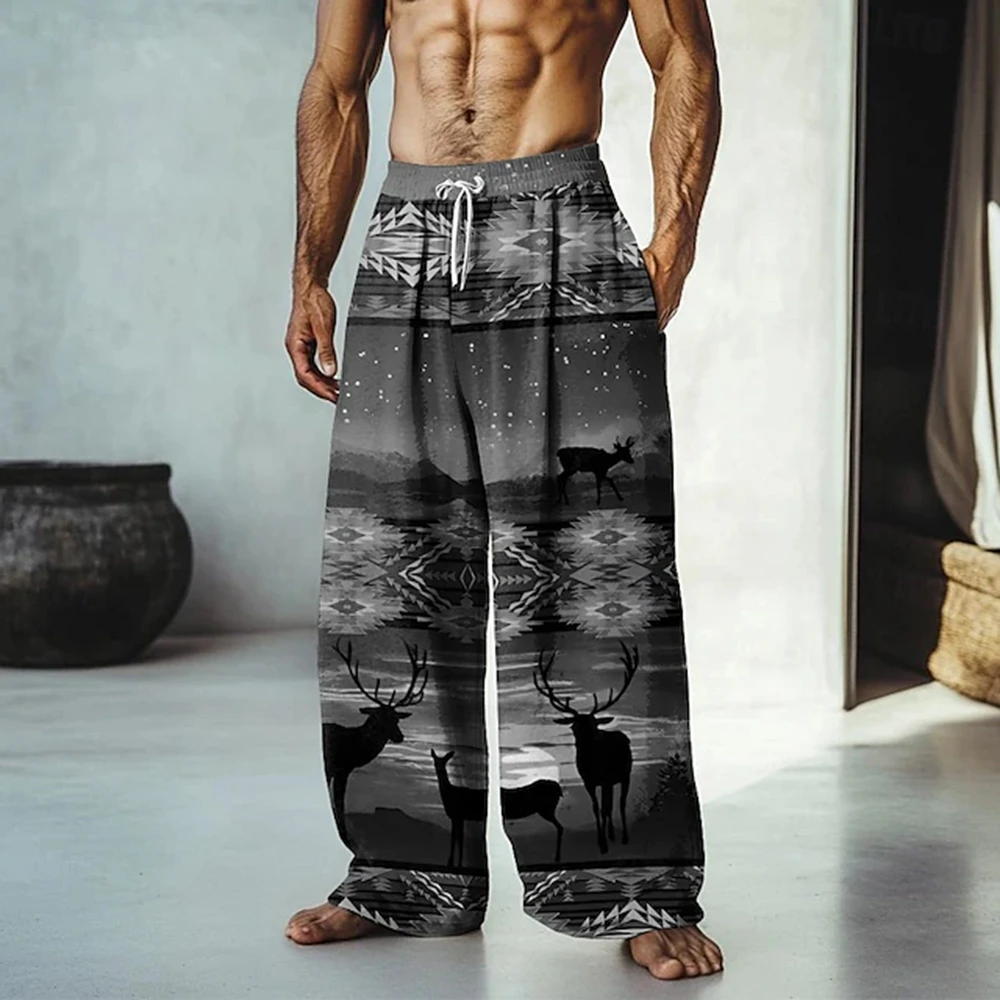 Men's Avant-Garde Linen Trousers Featuring Asymmetrical Heritage Motifs For Contemporary Casual Style