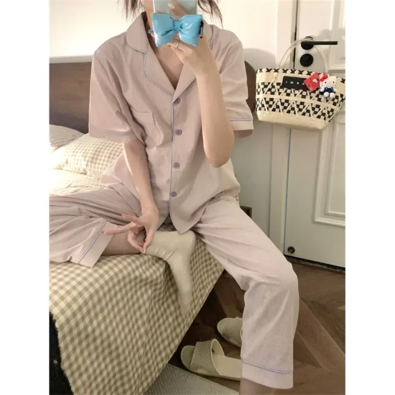 Pocket Women Pajamas Sets for Home Summer Ruffles Sleepwear Shorts Sleeve 2 Pieces Night Wears Button Korean Home Suit 2024 New