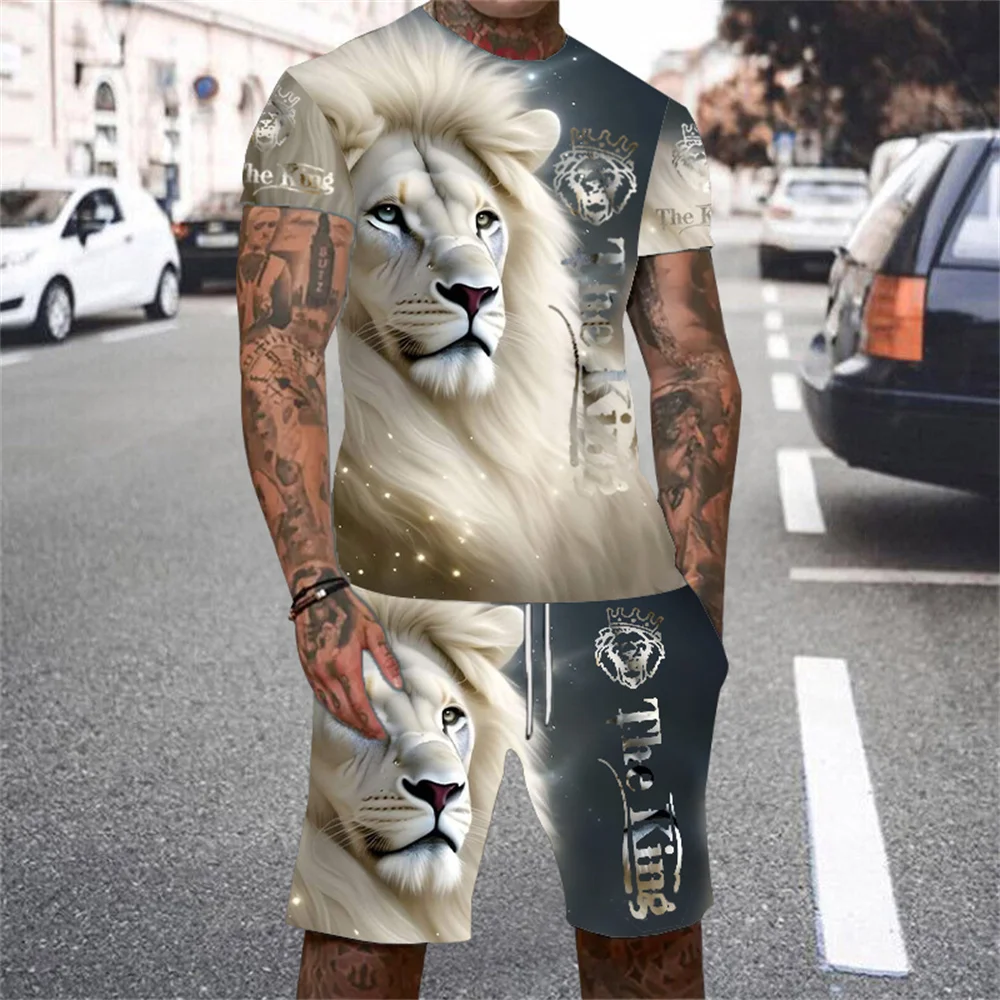 2025 Men's Short-sleeved T-shirt Suits Leading Lion Wolf 3D Printed Personality Men's Suit Casual Outdoor Sports Sets Clothing