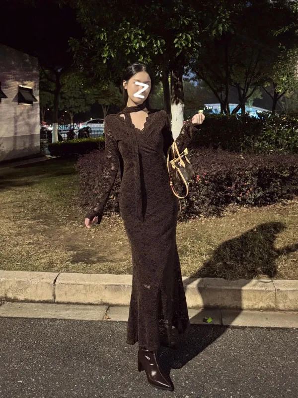 Retro Y2K Crochet Lace Cutout Brown Bodycon Dress French V-neck Long-sleeve Pencil Mermaid Hem Dress Party Prom Vestidos Robe