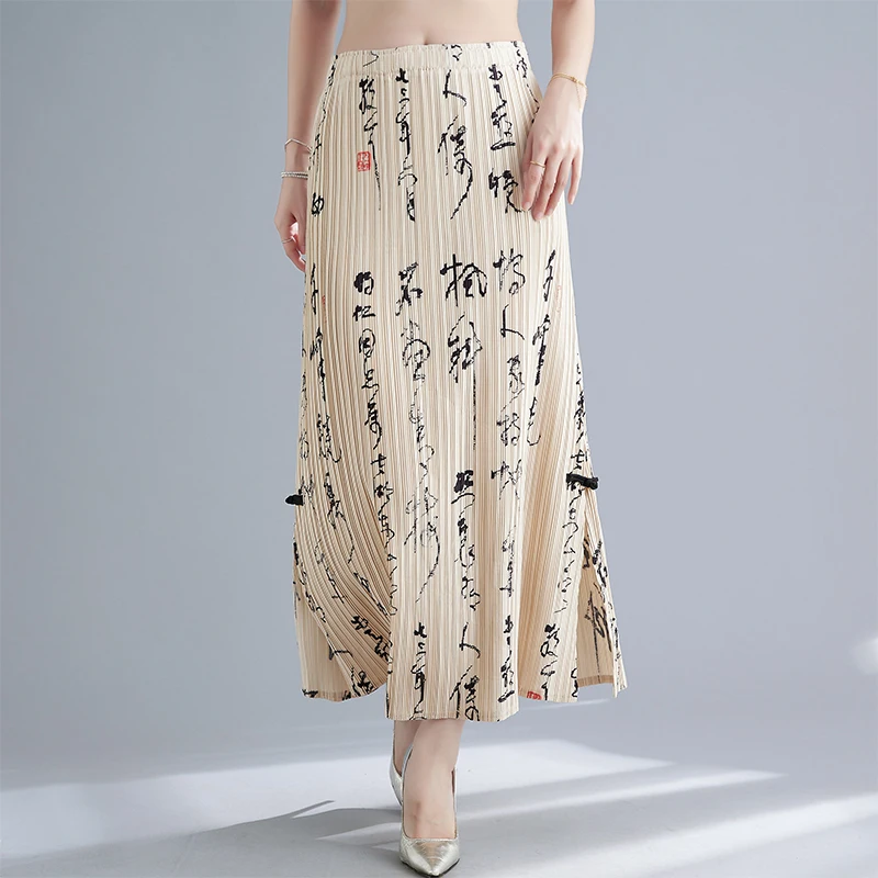 2024 New Summer Flower Print Women Miyake Pleated Skirts High Waist Character Ink Print Casual Party Skirts