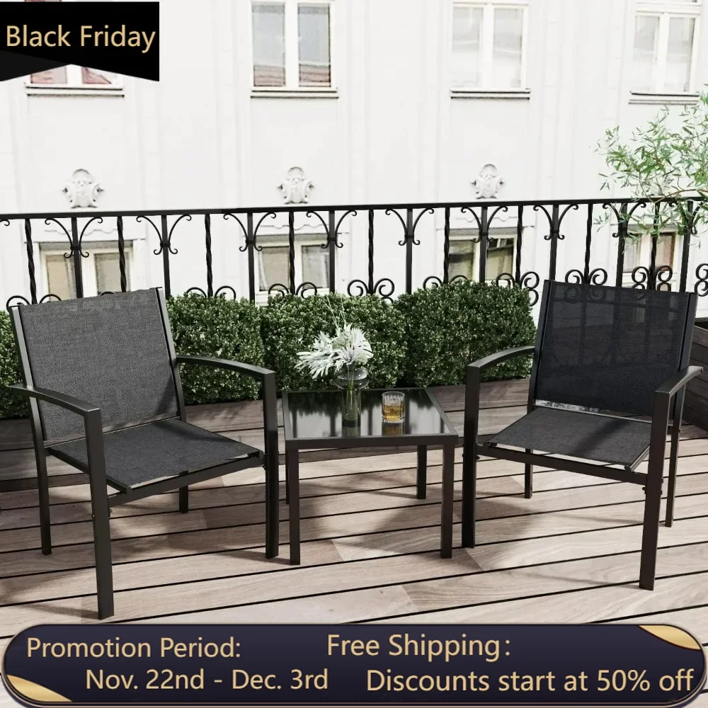 

3-piece courtyard furniture set outdoor textile fabric chairs, suitable for lawns and gardens with glass coffee tables, black