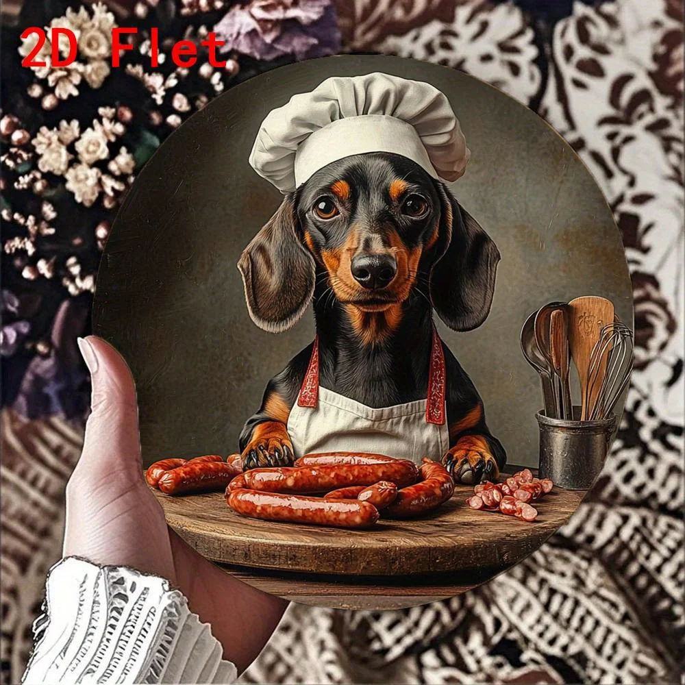 

2D Aluminum Wall Art – Playful Kitchen Decor With Sausages, Utensils & Floral Backdrop | Durable Round