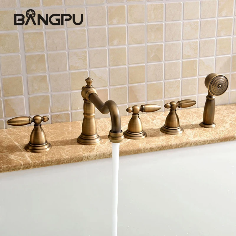 

Modern Bathroom Bath Tub Faucets with Sprayer Deck Mount Bathtub Faucet Combo Set Roman Tub Faucet Set with Hand Shower Antique