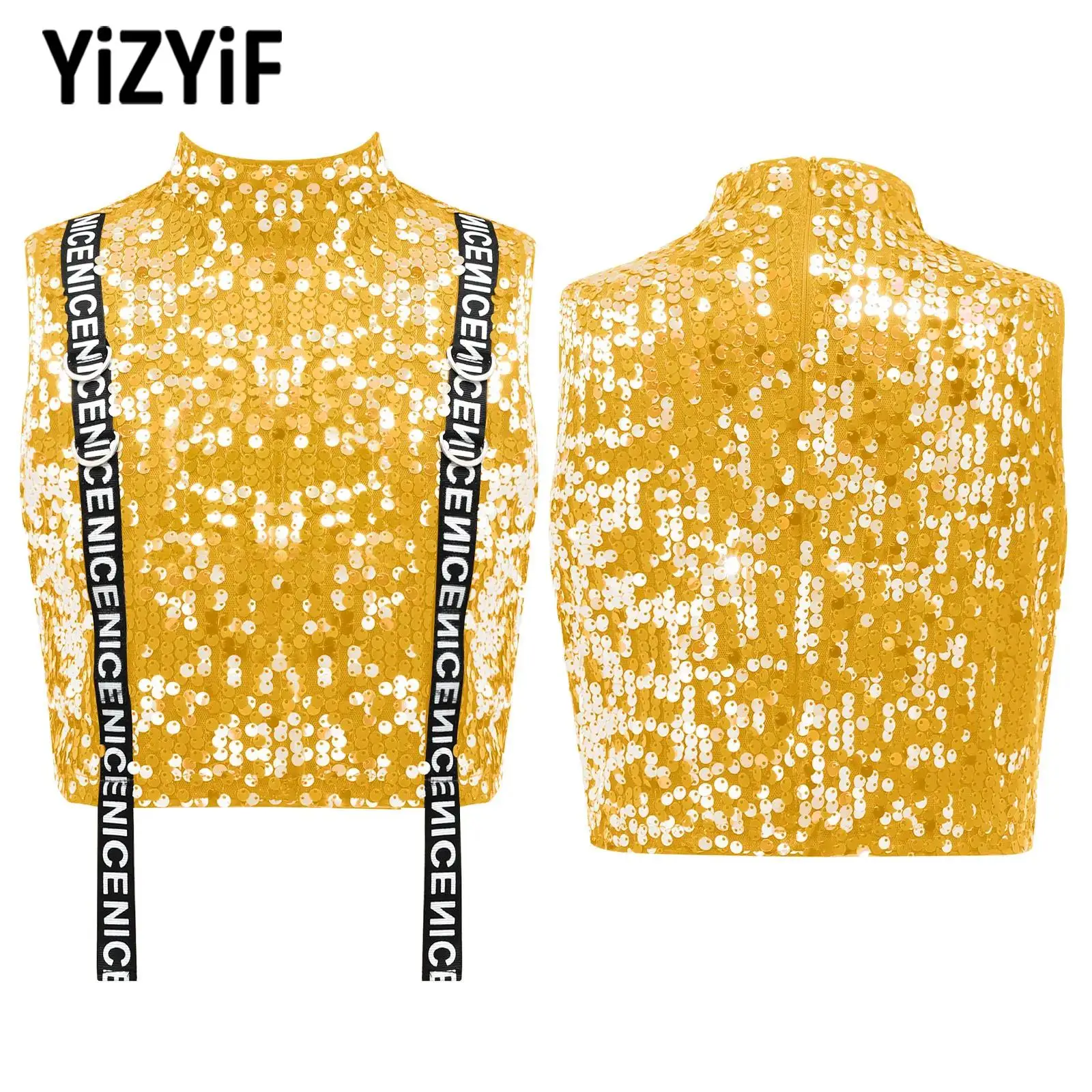 

Girls Jazz Dance Tops Fashion Breathable Vest Sparkly Sequined Tops Tank Top for Modern Dancing Stage Performance Competition