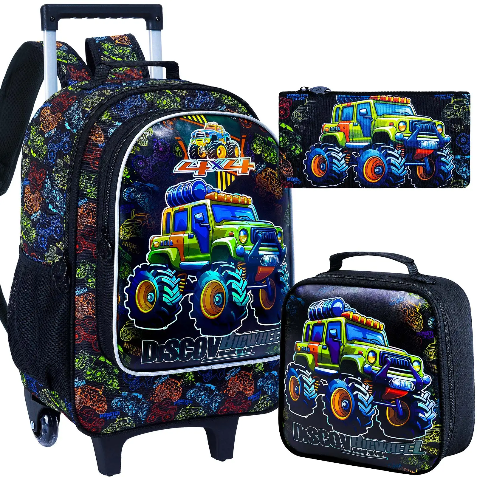 

3PCS Kids Rolling Backpack, Boys Roller Wheels Bookbag, Wheeled Elementary School Bag with Lunch Bag - Truck