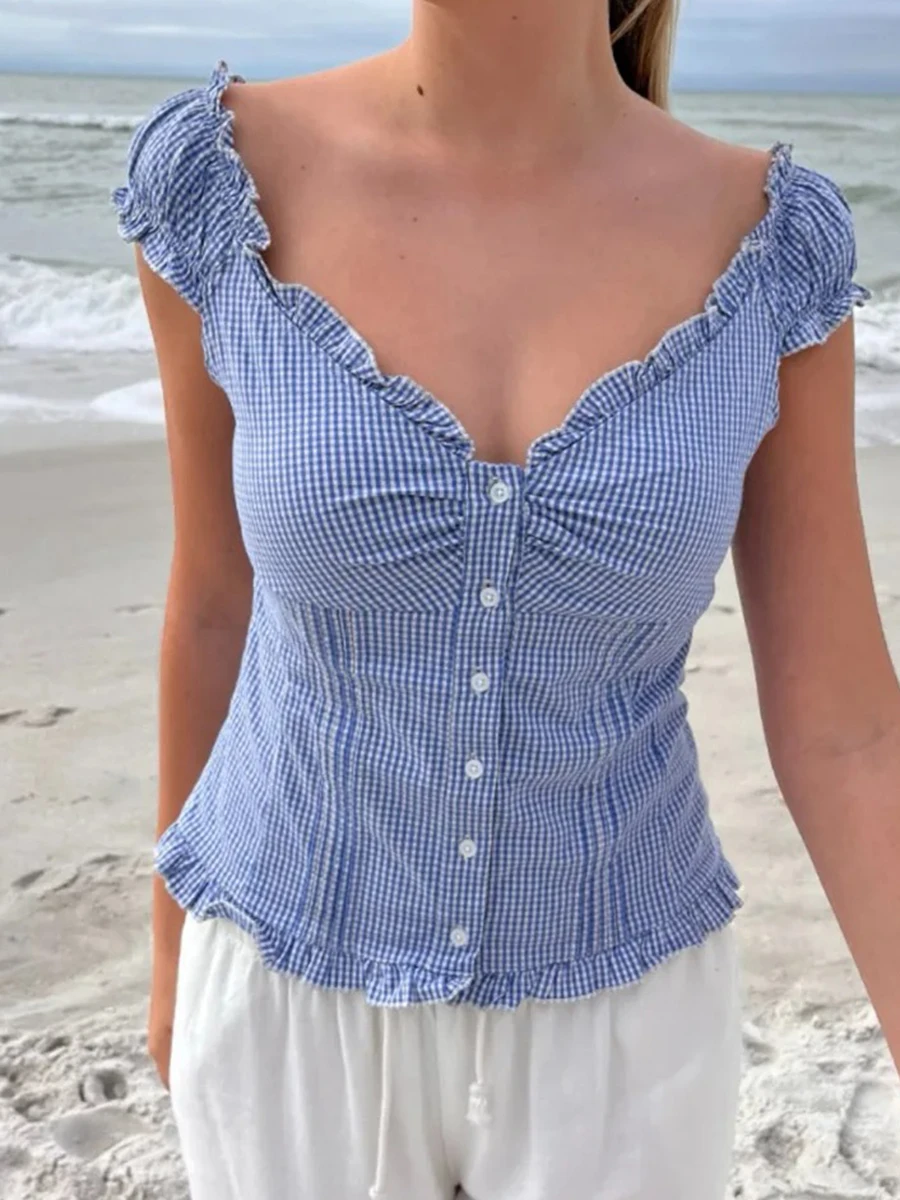 Blue Plaid Folds Blouse Top Women Casual Cotton Single Breasted Ruffle Sleeveless Tank Tops Vest Y2K Sweet Preppy Style Camisole