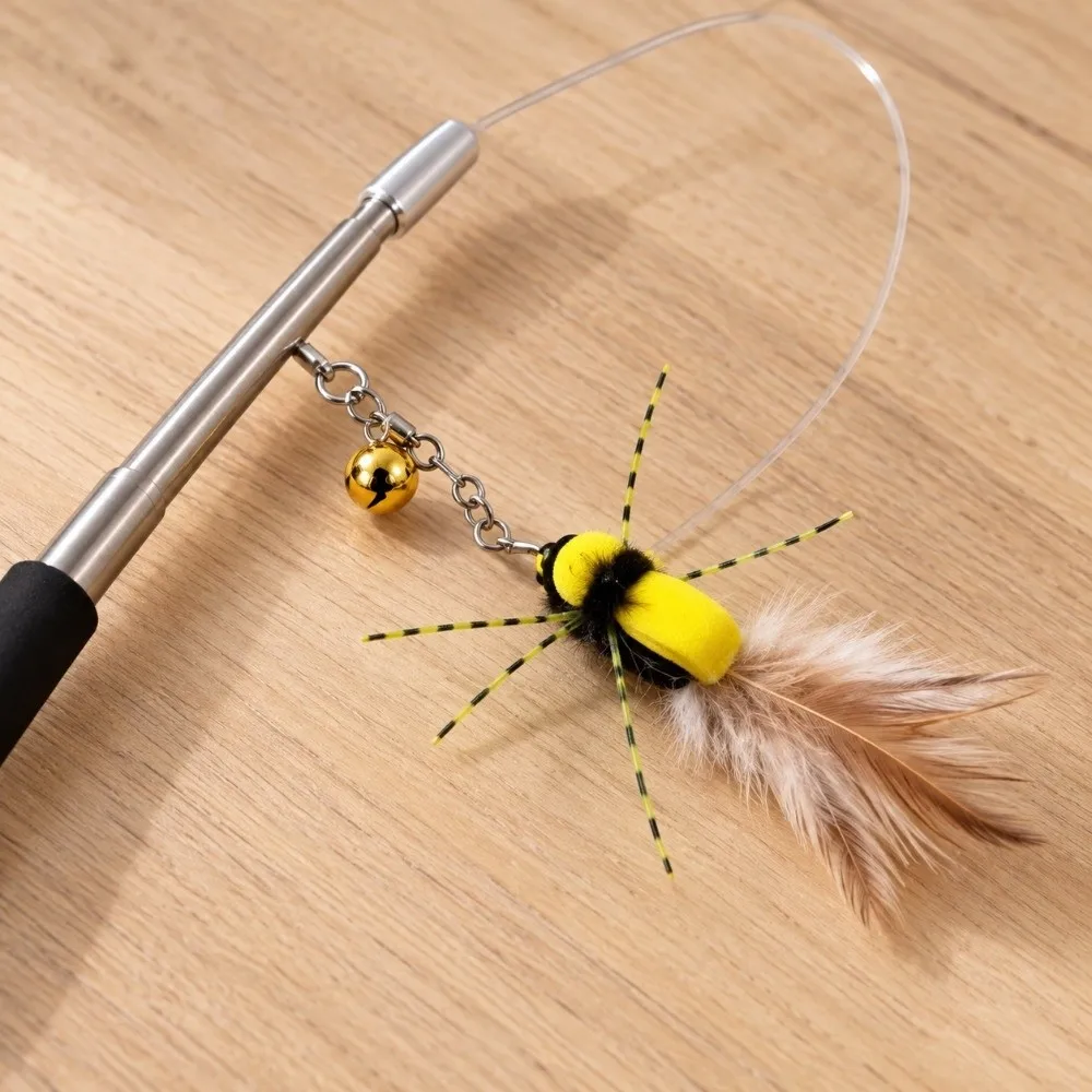 Compact Stainless Steel Cat Teaser Wand with Steel Wire Rope Retractable Telescopic Cat Wand Replaceable Head Interactive Cat