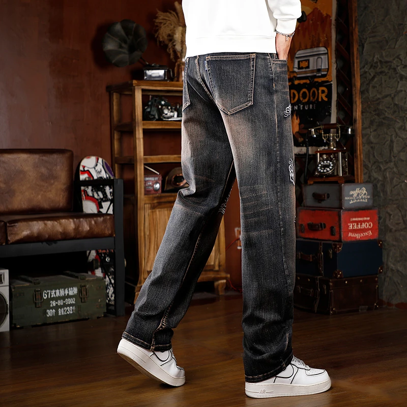 2026 Spring New Style Men's Style Embroidered Jeans Loose Straight Stretch Denim Trousers Large Size 28-44