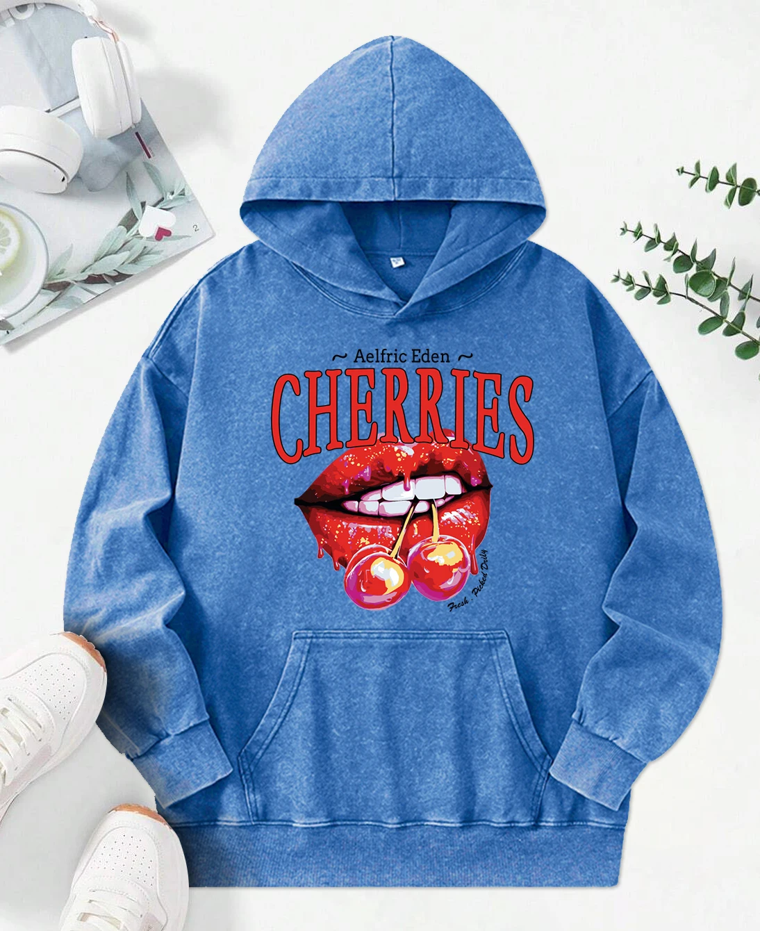 Cherries On The Lips Printing Female Washed Hoodies Fashion Cotton Hoody Creativity Multicolor Top All-Match Casual Streetwear