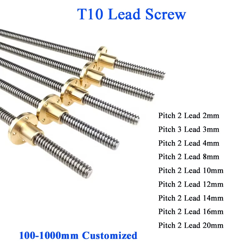 T10 Lead Screw 304 Stainless Steel Stepper Motor Lead 2mm 4mm 8mm 3D Printer T10 Trapezoidal Lead Screw with Brass Nut 100-800mm