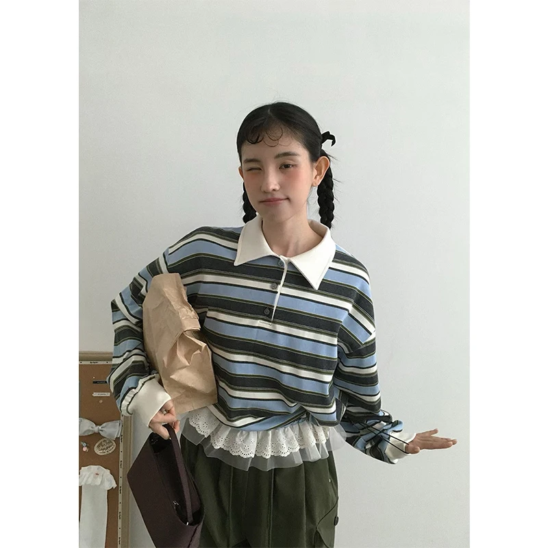 

MEXZT Harajuku полосатый свитшот женская уличная кружевные лоскутные пуловеры осень-зима Y2K гранж модная повседневная одежда новая