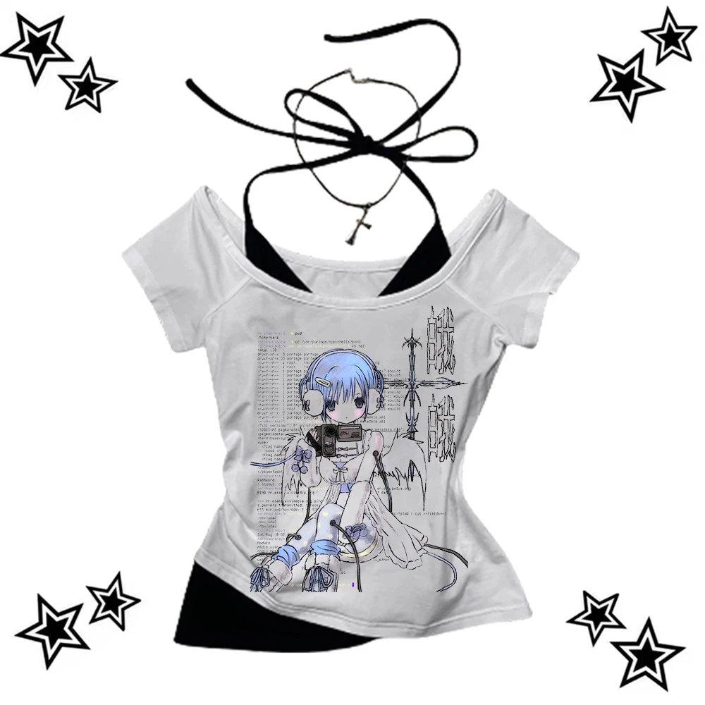Anime pattern printing Sexy Crop Top Women's vest Summer Goth Women vest Y2k 2000s Baby Top Clothes Emo Coquette leisure T-shirt