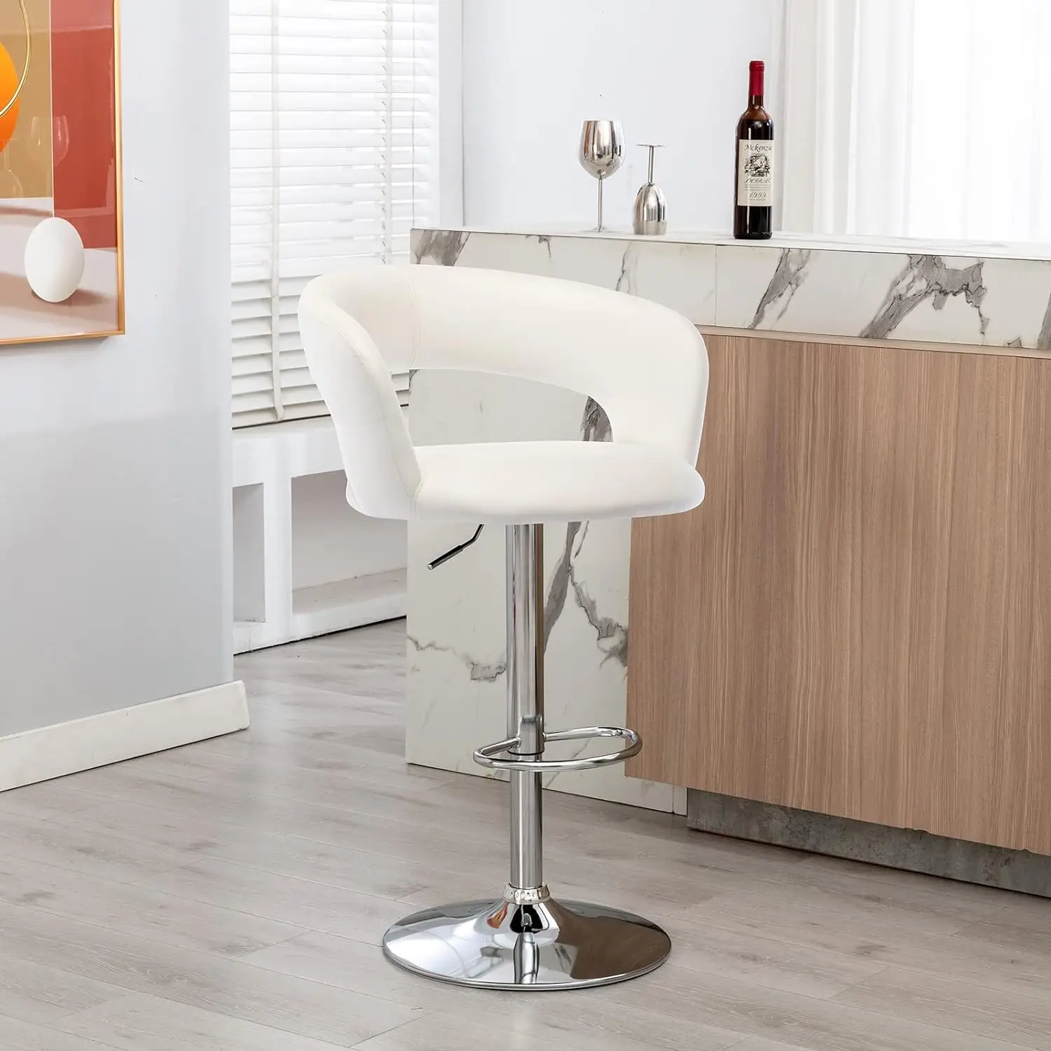 Wide Bar Stool, Modern PU Leather Swivel Adjustable Barstool with Hollow Back and Arms, Upholstered Airlift Counter Height