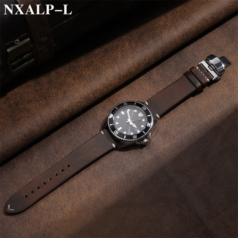 Cinturini per orologi in pelle cerata retrò con fibbia a farfalla per Seiko per bracciale Omega cinturino in pelle di vacchetta con cuciture 18/19/20/21/22/24mm