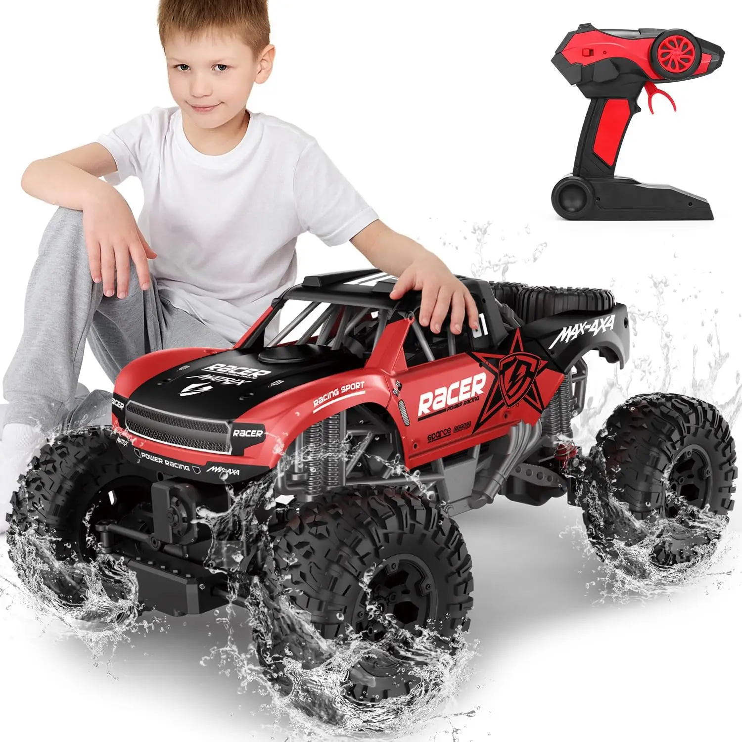4x4 Offroad Waterproof Amphibious Remote Control Car - 1:12 Scale Large Monster Truck with Dual Motors Crawler Vehicle, Includes 2 Rechargeable Batteries, Ideal Gift for Kids and Adults