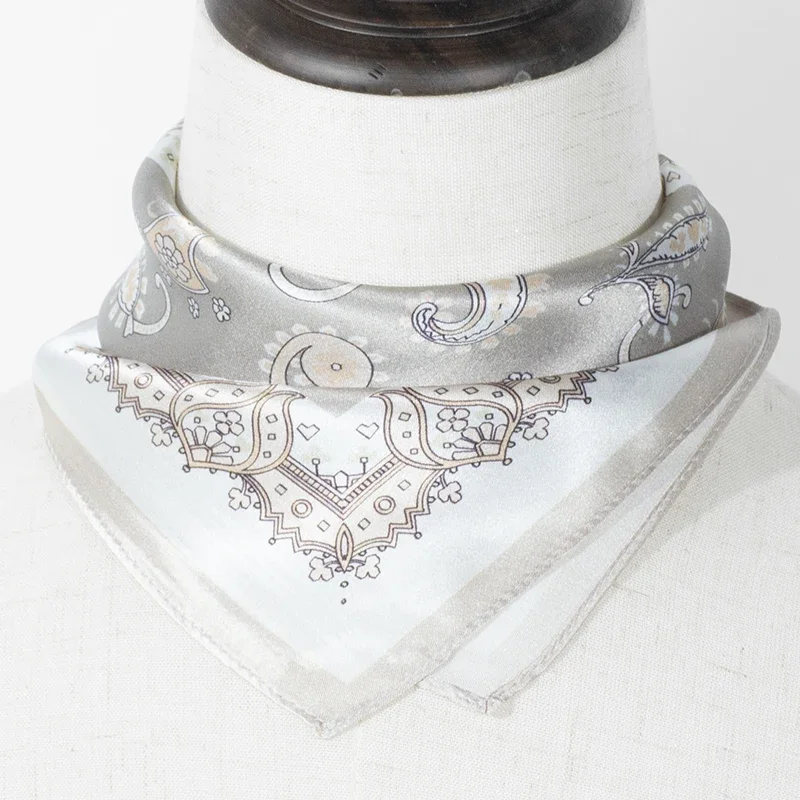 

Women's 100% Mulberry Silk Scarf 53x53cm Grey Beige Paisley Print Square Neck Bandana Versatile Fashion Accessory for All Season