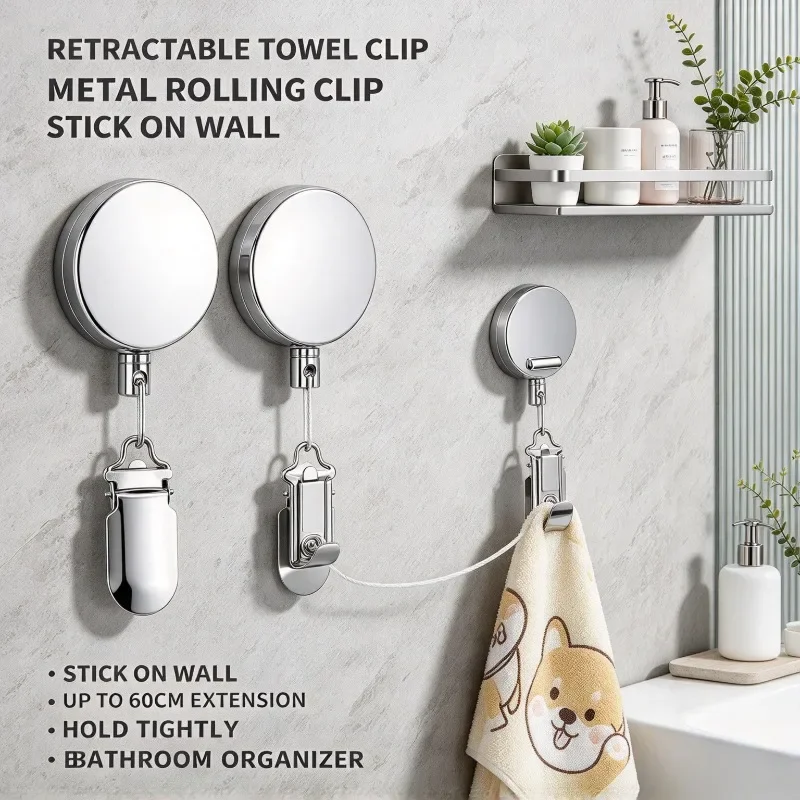 Wall Mounted Automatic Retractable Towel Rack 1PC No Drill Self Adhesive Hand Towel Holder Stainless Steel Cable Clamp Organizer