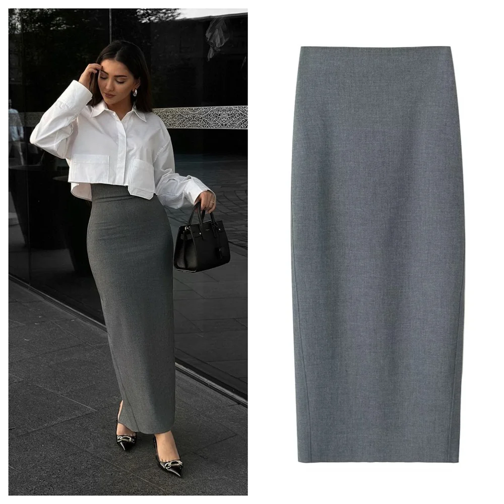 PB&ZA 2024 Spring New Women\'s Fashion and Elegance Casual Versatile Straight Midi Long Half Skirt