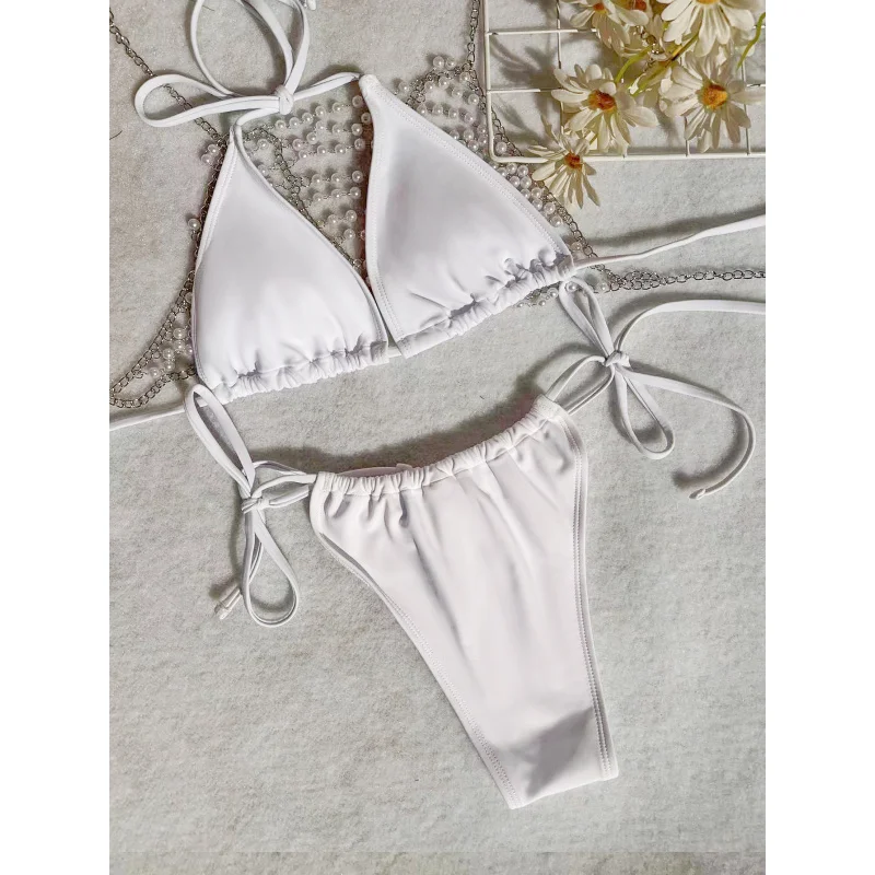New Hot-Selling Pearl Chain Halter Tie Bikini Sexy Swimsuit White Women's Swimwear High-End