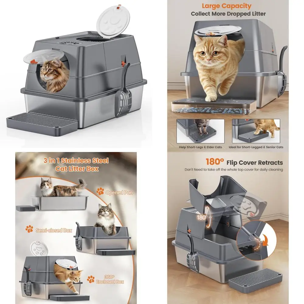 

Large XL Enclosed High-Sided Stainless Steel Cat Litter Box with Lid, Steps, Scoop for Easy Cleaning and Odor Control