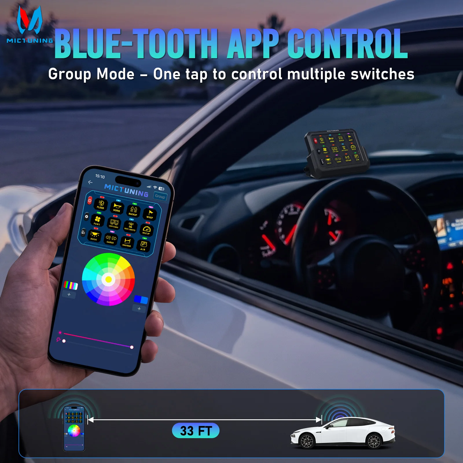 MICTUNING P1s-AC Wireless RGB 8/12 Gang Switch Panel App Control 262FT Range 12V‑24V IP67 Waterproof Circuit Relay System Box