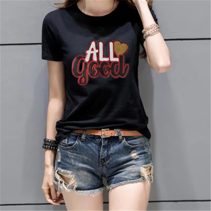 Clothing Women Shirt Top Diy Letter Patch Black Red Sequins deal with it T-shirt Iron on Patches for clothes Stickers