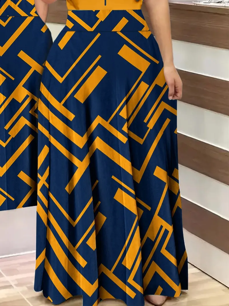 Letnia nowa długa sukienka z nadrukiem cyfrowym Eleganckie sukienki damskie Slim Fit Okrągły dekolt Krótki rękaw Czerwone sukienki z nadrukiem na wysokim obcasie