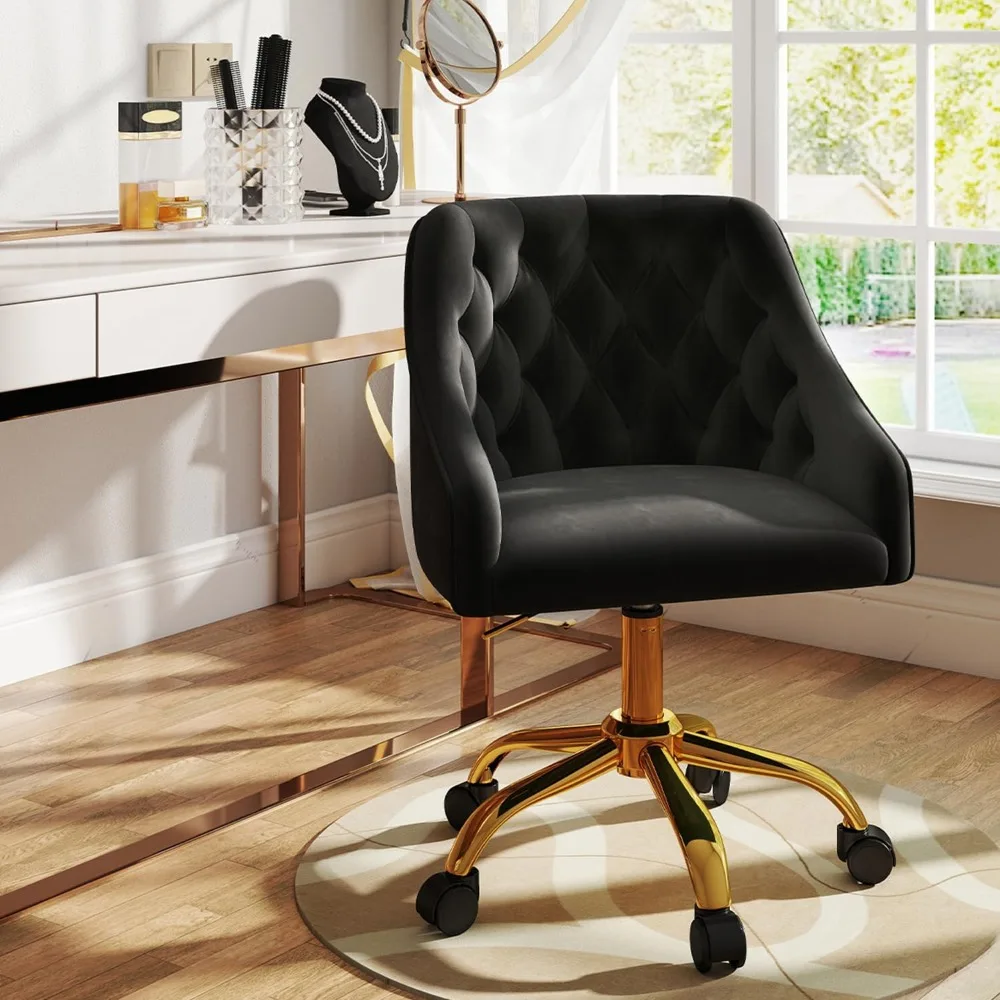 

Modern Vanity Chair with Wheels, Mid-Back Velvet Home Office Chair, Swivel Height-Adjustable Soft Seat Cute Desk Chair