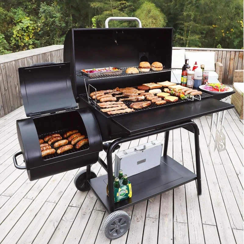 Barrel Charcoal Grill with Offset Smoker, Outdoor Smoker with 1200 Sq. in. Cooking Area for Outdoor Barbecue Event , Black