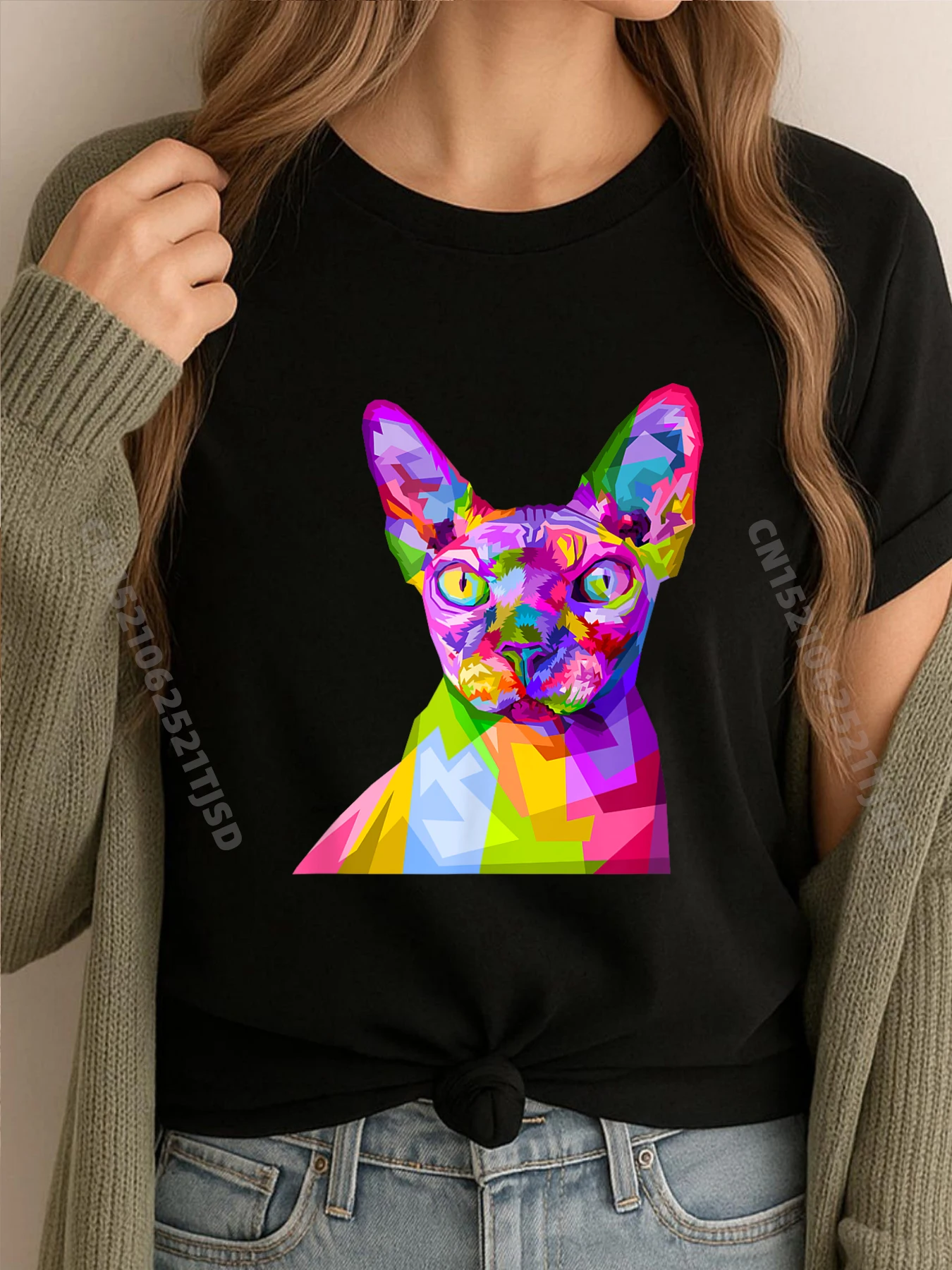 

Красочный сфинкс, кот, художественный стиль, милая идея на Хэллоуин, одежда, футболка большого размера, женская футболка Geek