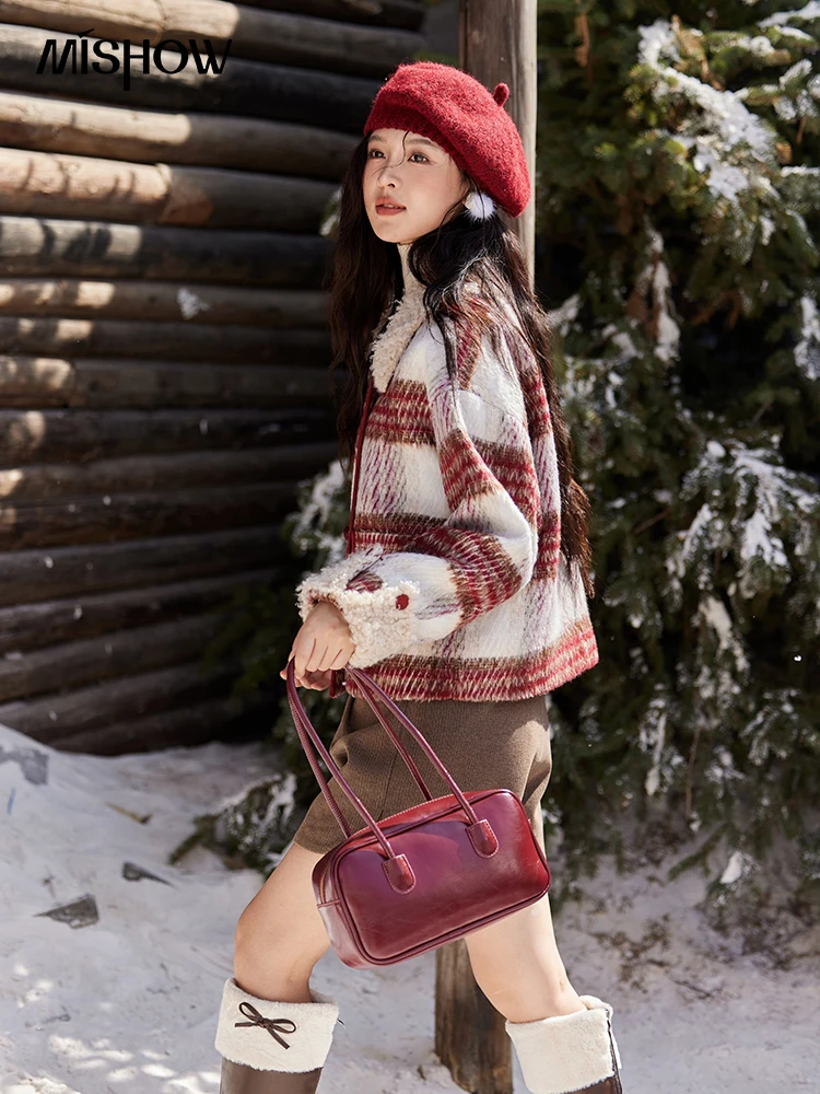 MISHOW Vintage Red Plaid Lamb Woo Coats Cotton Clip Soft Thickened Turn Down Collar Pocket Tweed Jacket Office Lady MXD59W0739