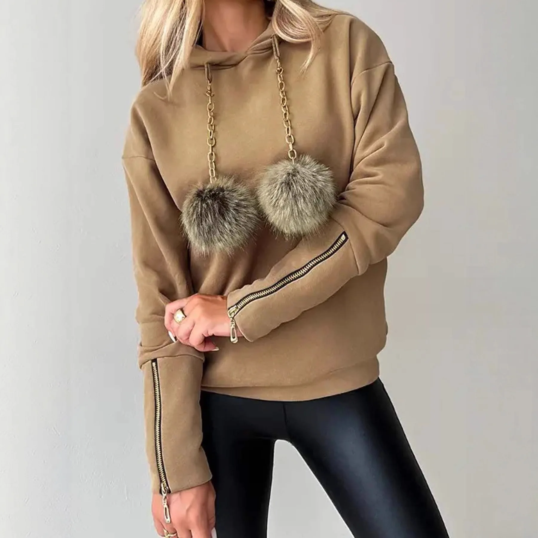 

Autumn Women Hoodies Fashion Chain Zipper Design Pom Pom Decor Casual Plain Long Sleeve Daily Hoodie Sweatshirts