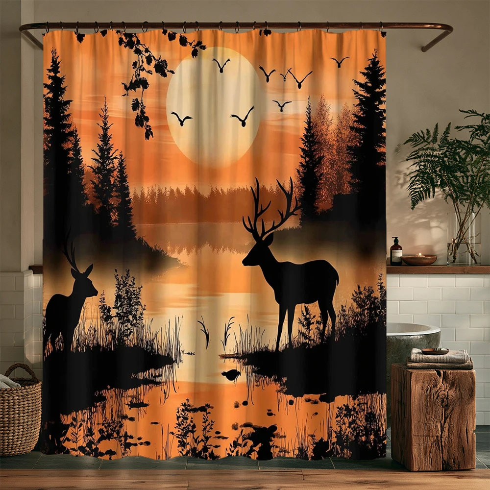 1pc Funny Deer Shower Curtain Forest Elk Farmhouse Farm Animal Cattle Cute Fun Rustic Bathroom Curtain Decoration Curtain