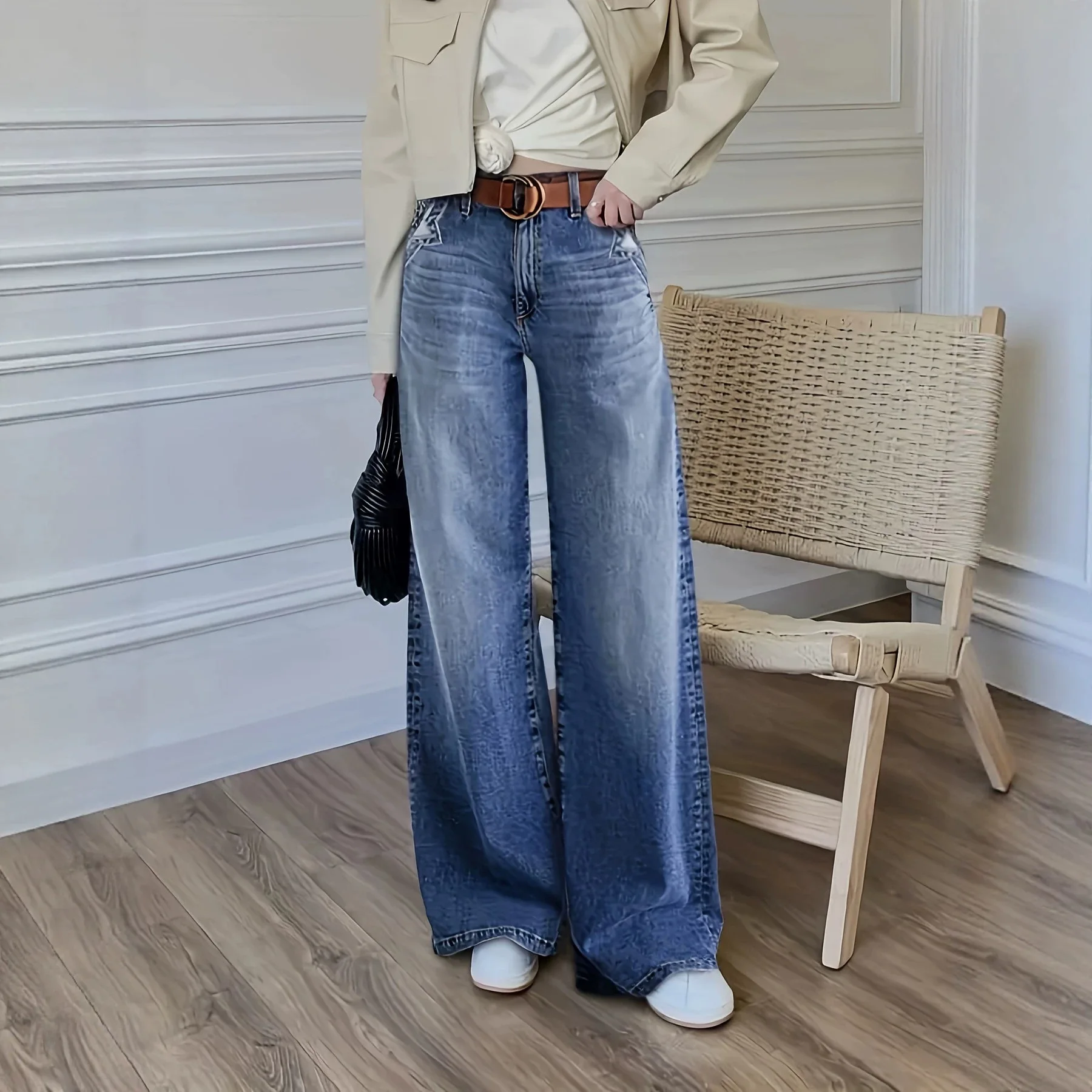 Wide-leg jeans, high-waisted, loose-fitting, floor-length denim pants for all seasons, 2026 new style
