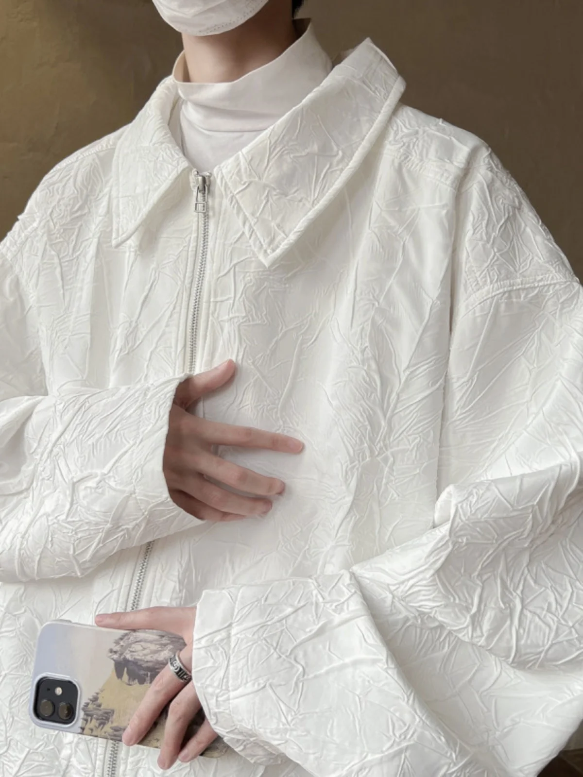 

White Baroque Men's Jaet Spring Autumn Texture Folded Collar Harrington Coat Retro Chinese Trendy Top Zipper Decorated Loos...