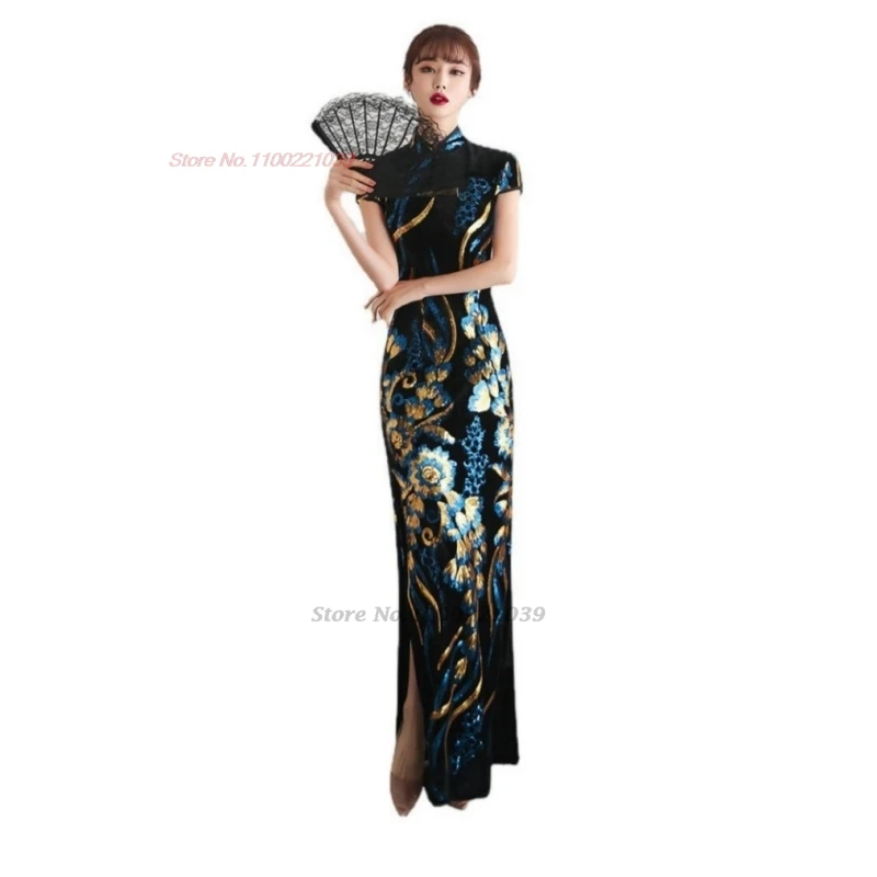 2024 Chinese Vintage Jurk Verbeterde Cheongsam Bloem Borduurwerk Fluwelen Jurk Oosterse Avond Qipao Feestjurk Vestido