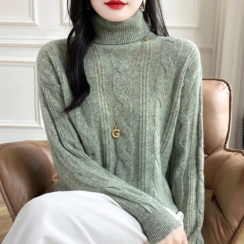 Dolcevita da donna 100% pura lana maglione lavorato a maglia autunno risvolto addensare pullover moda allentato intrecciato top camicia base a pois colorati